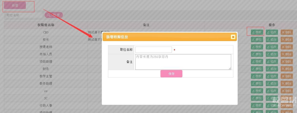 培训系统权限组授权操作